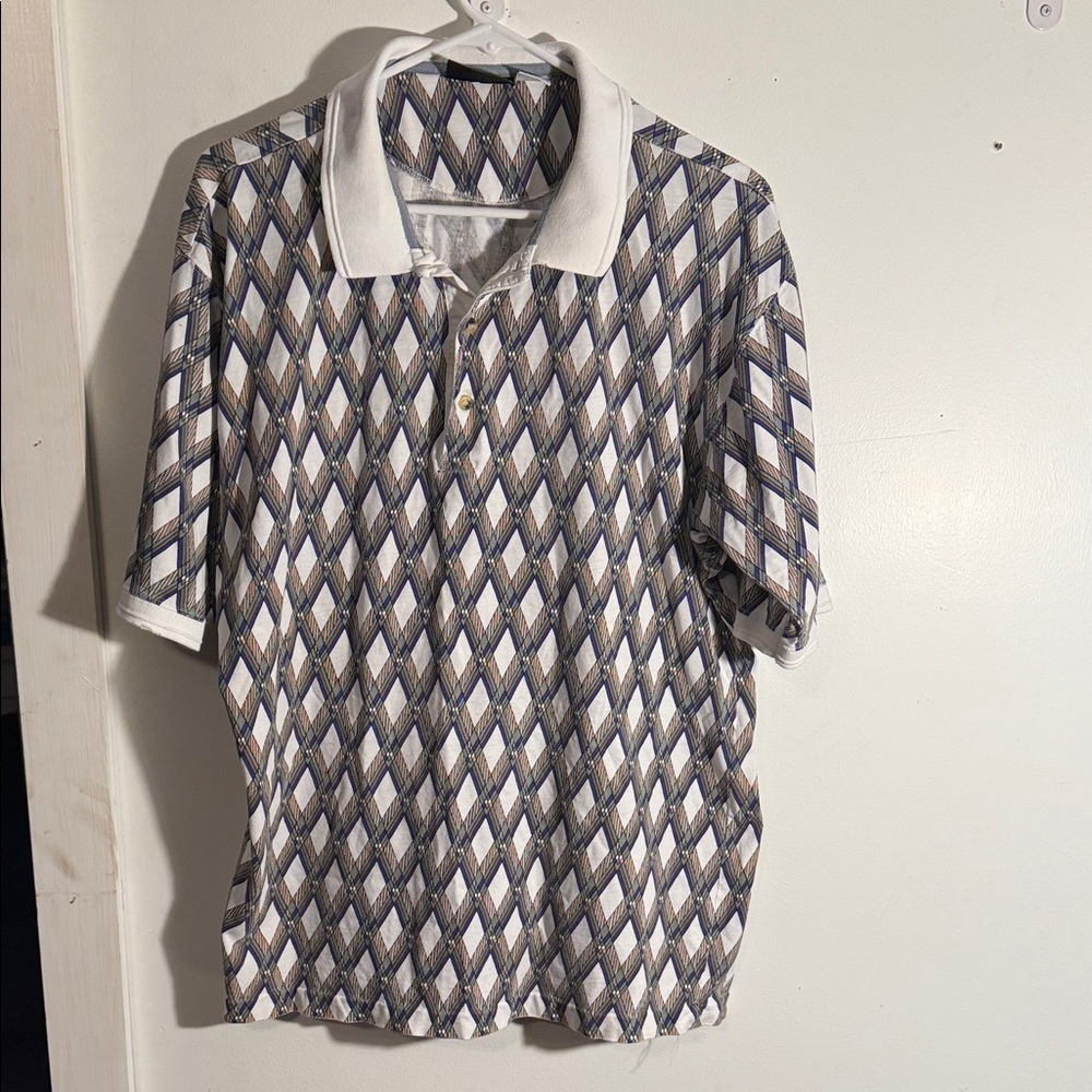 Vintage Jantzen White Diamond-Print Golf Polo with Blue and Brown Accents